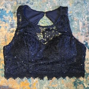 Sequin Hearts 11 Navy Blue Lace Sequin Crop Top